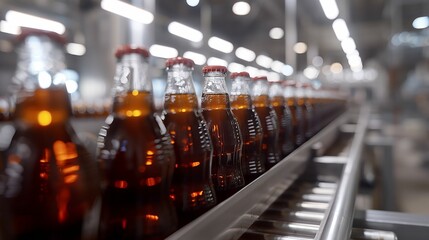 Bottles of beverage on a production line in a factory. Industrial and manufacturing concept.