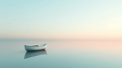 Naklejka premium Lonely boat floating on calm water at sunrise.