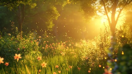 Obraz premium Sunlit meadow with wildflowers and green grass at sunrise.