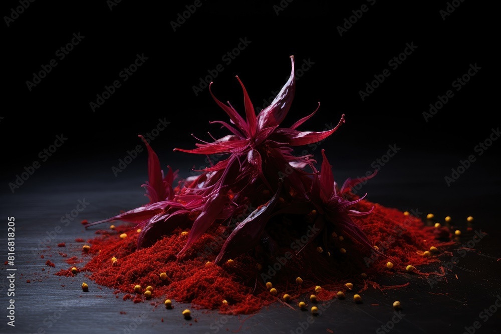 Poster a mound of edible red saffron rests on a table, creating a vibrant display of color and texture. gen