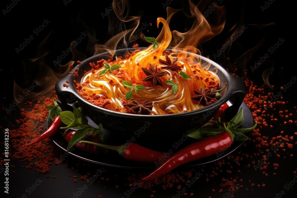 Poster a pan filled with noodles and assorted vegetables sits on a table. generative ai