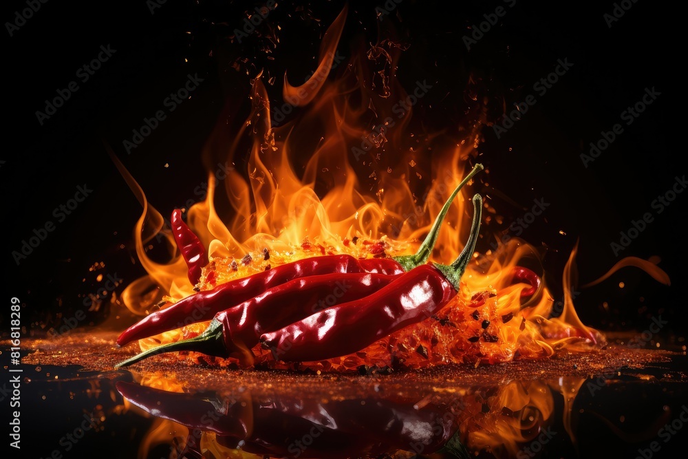 Poster a hot chili pepper engulfed in flames with water splashing around it, creating a dynamic and contras