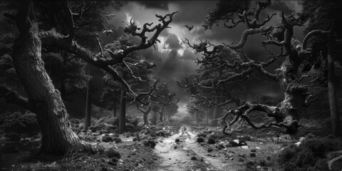 A black and white photo of a mysterious forest. Suitable for nature backgrounds