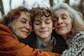 An older woman happily embraces a young boy. Suitable for family, love, happiness concepts - Powered by Adobe