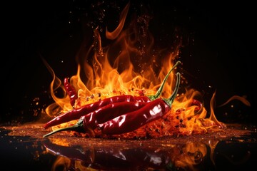 A hot chili pepper engulfed in flames with water splashing around it, creating a dynamic and contrasting scene. Generative AI