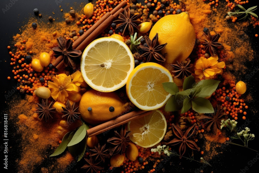 Poster a variety of oranges and spices set neatly on a wooden table. generative ai