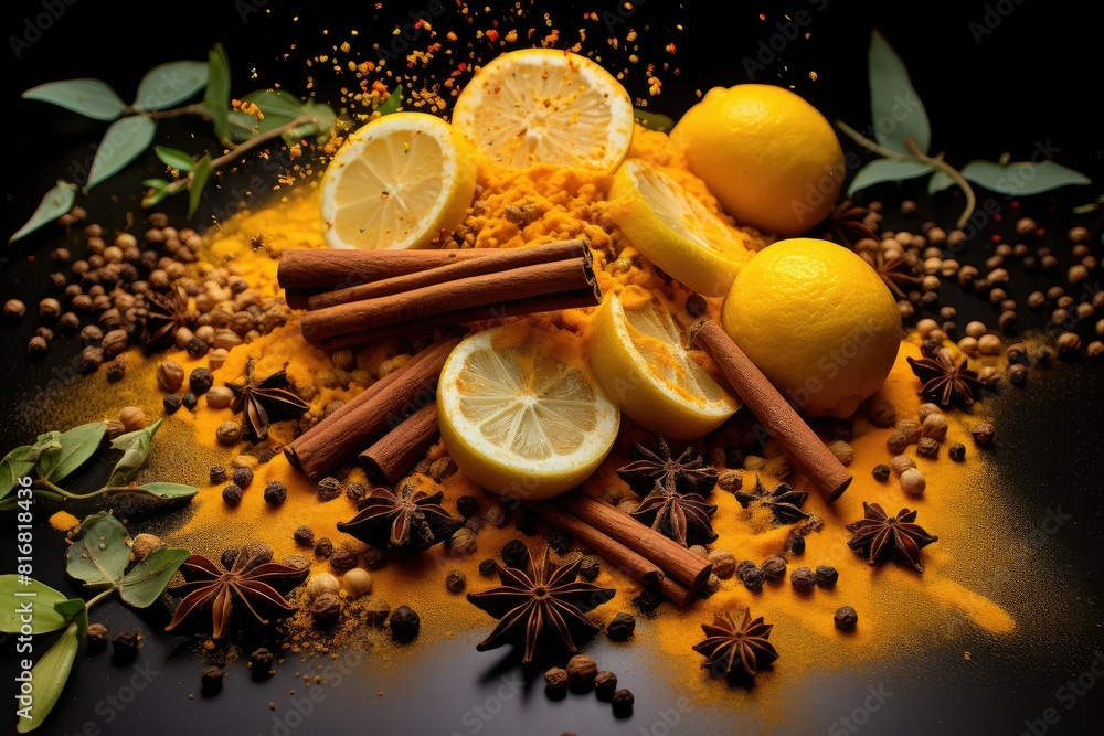 Poster a collection of various spices and fresh lemons stacked neatly on a wooden table. generative ai