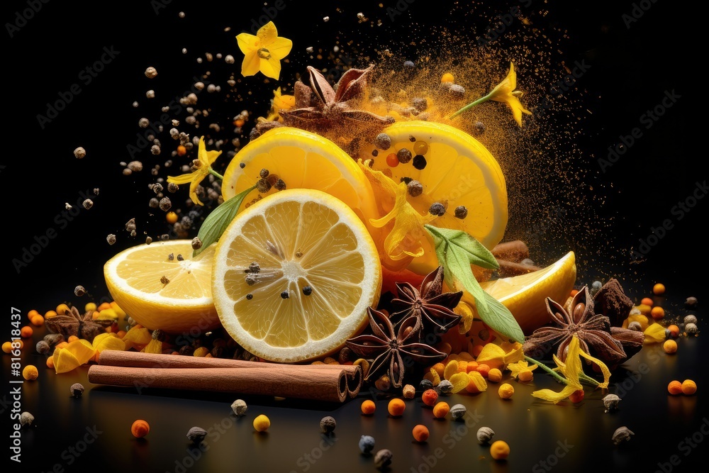 Poster a collection of freshly sliced lemons arranged in a pile with various spices scattered around them. 