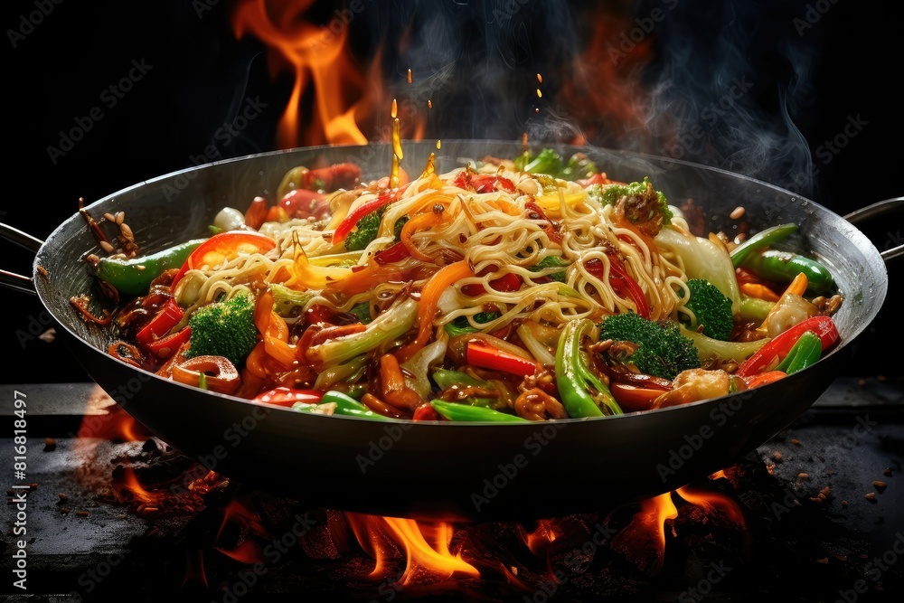 Poster a wok filled with noodles and vegetables is ablaze with fire, creating a sizzling and vibrant cookin