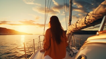 Young people sitting on the yacht deck sailing sea ocean in sunset. 