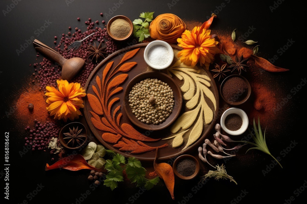 Poster the image showcases a table with a plate filled with food placed on top. generative ai