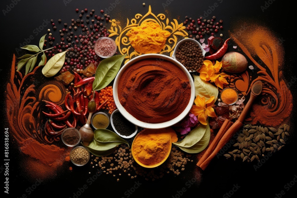 Poster a bowl on a table holds an array of colorful spices, creating a vibrant display of aromatic ingredie