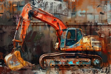 A detailed painting of a large orange excavator. Ideal for construction or industrial themed projects