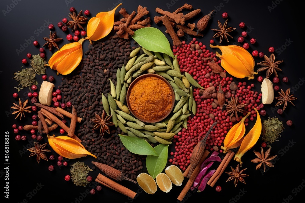 Poster various spices and herbs arranged in a circular pattern on a black background. generative ai