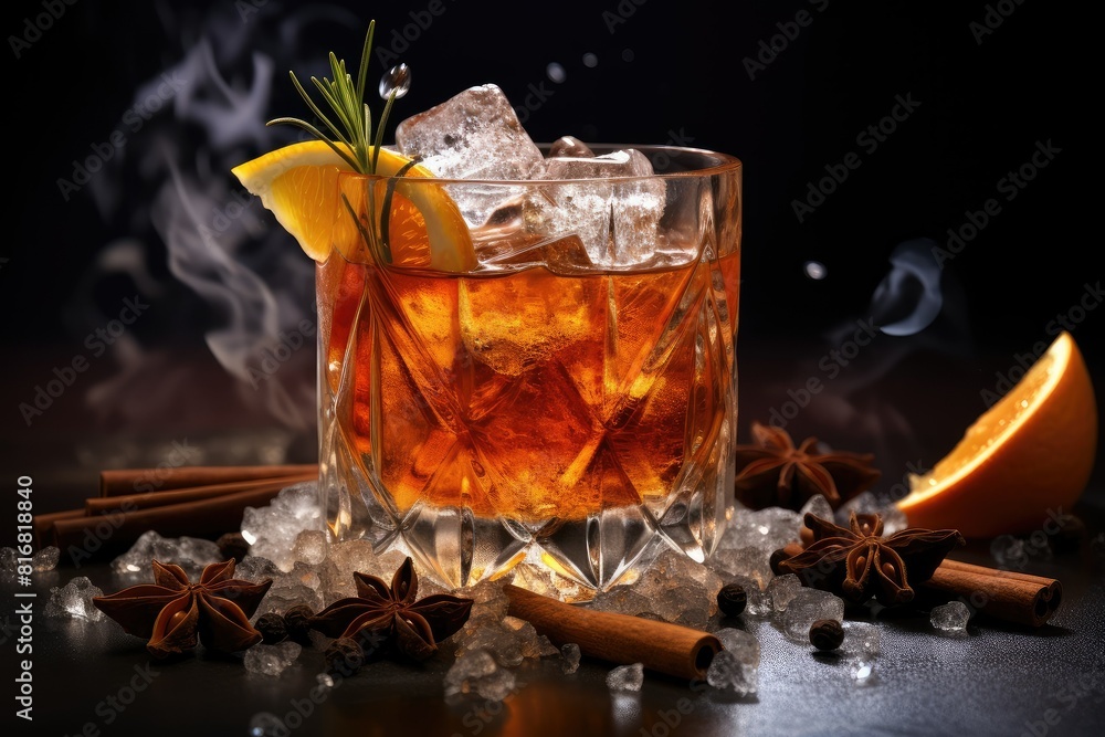 Poster glass filled with ice cubes and garnished with a slice of orange, ready to be enjoyed. generative ai