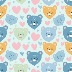 Sweet pastel valentine hearts and bears seamless pattern for background and decoration
