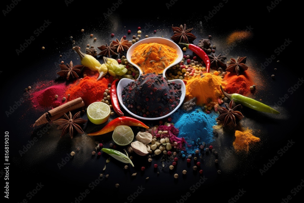 Poster a mix of various colored powders and spices arranged in a pile on a black background. generative ai