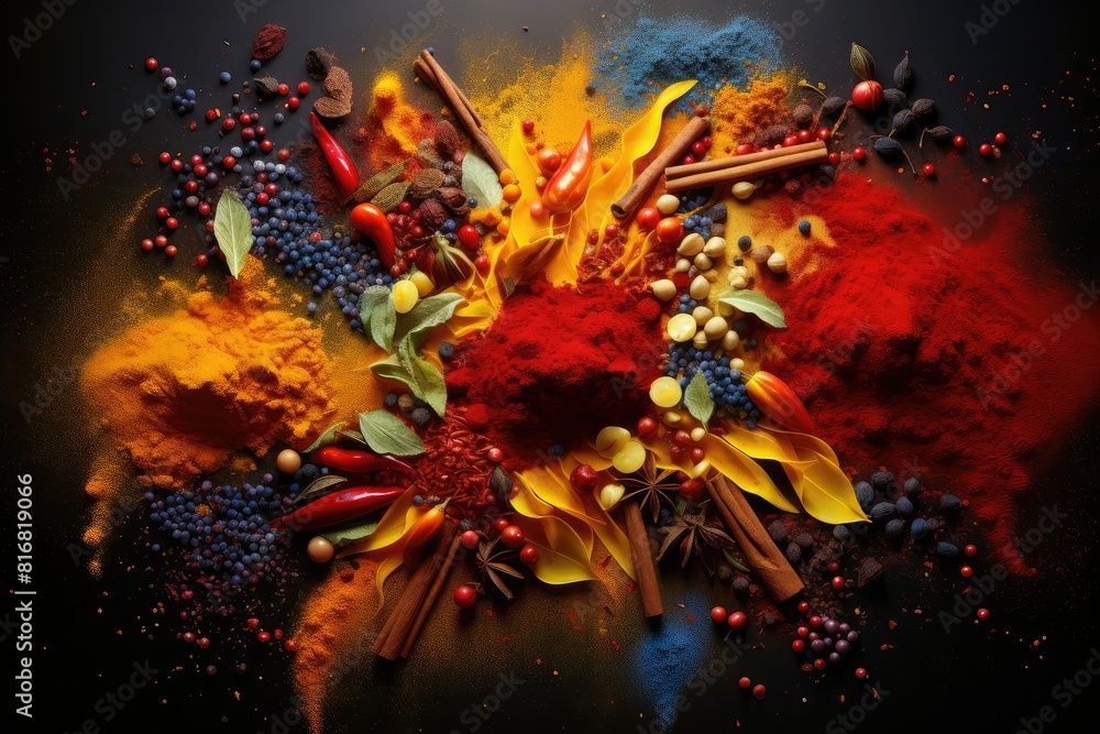 Aufkleber various colored powders and spices are arranged on a black background. generative ai