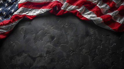 American flag draped on a textured black background. High-resolution photography. National pride and Independence Day concept. Design for banner with copy space