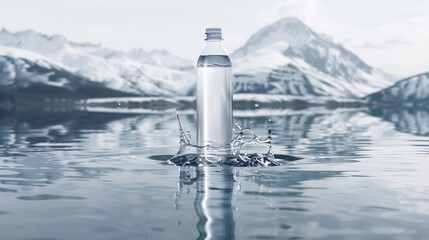 Water Bottle Submerged in Clear Mountain Lake with Snowy Peaks Background..