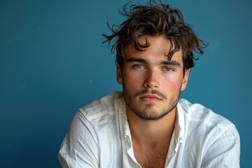 Obraz premium Photo of a young man with a thin beard and messy hair wearing a white shirt on a blue background