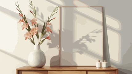 Vase with beautiful gladiolus flowers and blank poster