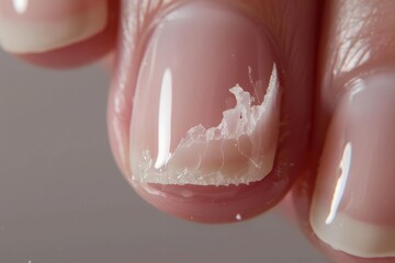 Close up view of a person's nail with white substance, suitable for beauty and healthcare concepts