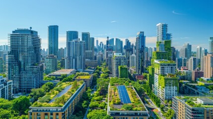 A panoramic aerial view of a modern city skyline with green rooftops, solar panels, and urban parks, showcasing sustainable urban planning initiatives. Copy space available in the clear blue sky.