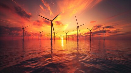 An offshore wind farm with towering wind turbines harnessing the power of the ocean breeze, set against a dramatic sunset sky. Copy space available on the sky.