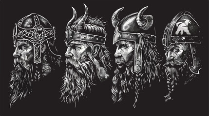 Viking varangian warriors head Four. Hand drawn black