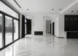 In an empty modern house with a marble floor, white walls and black wooden doors, a white ceiling and glass windows, the wall on one side has a fireplace