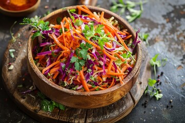 Colorful salad with a mix of freshly cut vegetables served in a wooden bowl on a dark background