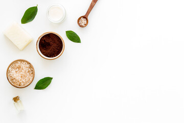 Handmade organic coffee face scrub and sea salt, top view