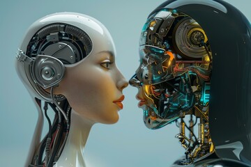 Closeup of two robot heads, showcasing intricate artificial intelligence designs