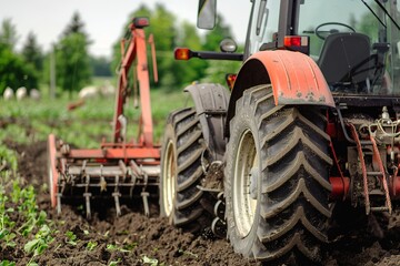 Red tractor tilling soil in field for crop planting