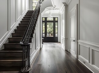 In the hallway of an upscale home, a dark wood staircase with white walls and a black iron cortex guardrail leads to the front door in the background