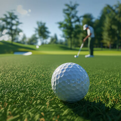 Big golf ball showcased against the backdrop of a lush green field, offering a dynamic view. AI generative techniques add realism.