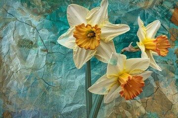 Elegantly positioned daffodils overlay a textured, crackled paint background with vibrant hues