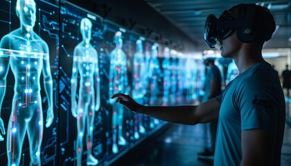 A sports team using digital twins of athletes to analyze performance and devise personalized training programs, shown on immersive screens, Close up