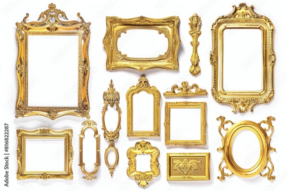 Poster a collection of ornate gold frames on a plain white background. perfect for adding a touch of elegan