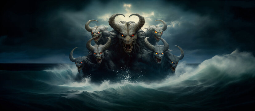 Revelation's Apocalyptic Beast: Depiction of the Seven-Headed, Ten-Horned Monster from the Book of Revelation, Signifying Eschatological Events and End-Time Prophecy, Biblical Conceptual Artwork.