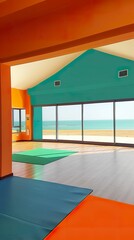Beachfront yoga studio, floor-to-ceiling windows offering panoramic sea views, blissful practice