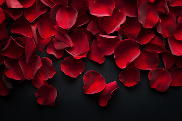 red rose petals background, Vibrant red rose petals are delicately scattered against a sleek black background, creating a visually stunning contrast