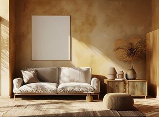 Interior of a modern and bohemian living room with a design beige sofa, wooden sideboard table, vases, personal accessories and wall frames in a warm colored background