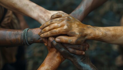 Close-up of hands with different skin tones holding onto each other, Diversity, friendship, unity