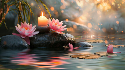 a candle with lotus flowers and a of rock, in the style of spectacular backdrops