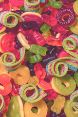 Assorted colorful gummy candies. Top view. Jelly donuts.