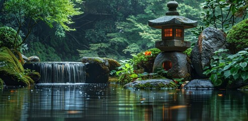 japanese green garden, illuminated stone lantern, pond with koi fishes and trees