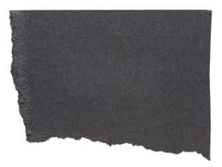 Isolated cut out torn piece of blank black paper note cardboard with texture and copy space for text on white or transparent background
