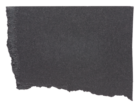 Isolated cut out torn piece of blank black paper note cardboard with texture and copy space for text on white or transparent background
